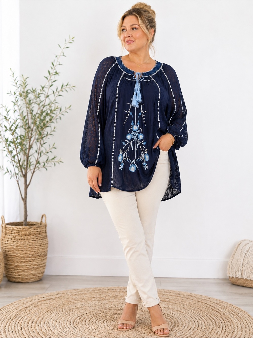 Denim 24/7 16W Blue Boho Peasant Tunic Blouse Sheer Tassel Plus Size